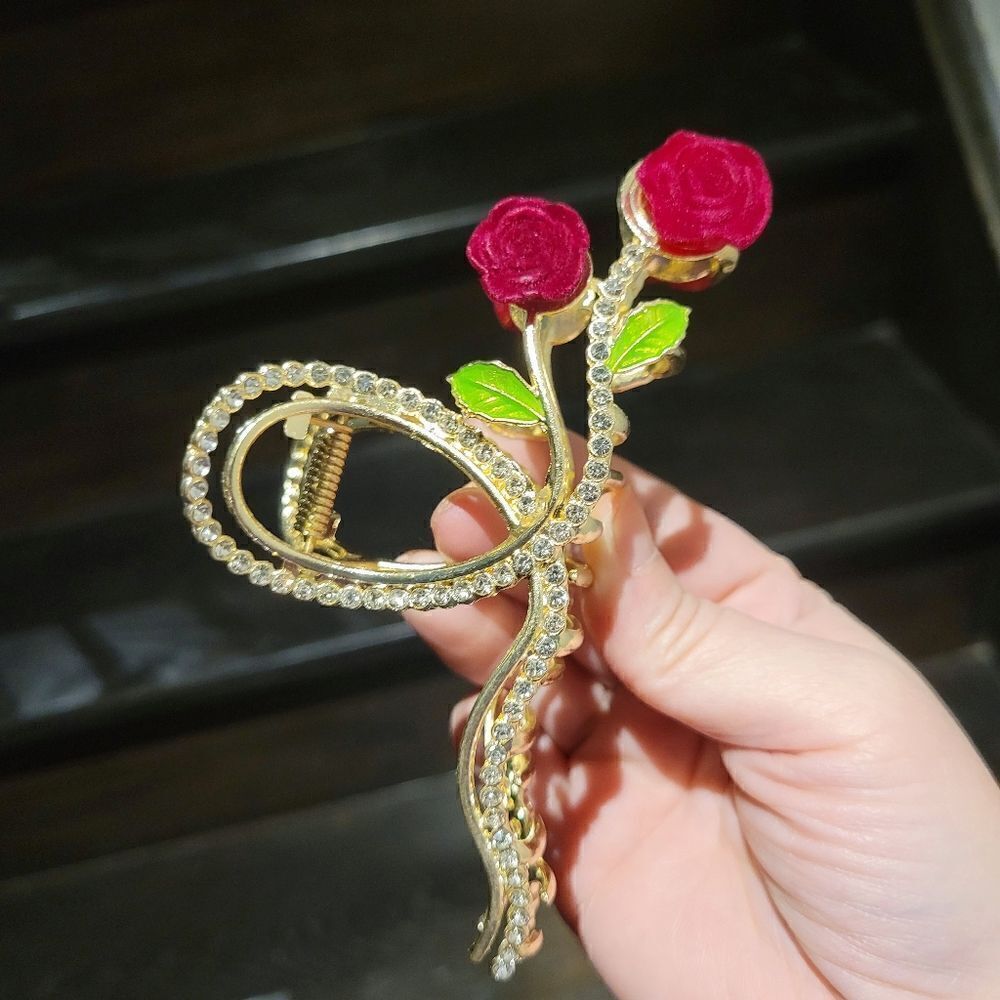 Brand New Red Rose With Gold Rhinestone Hair Clip